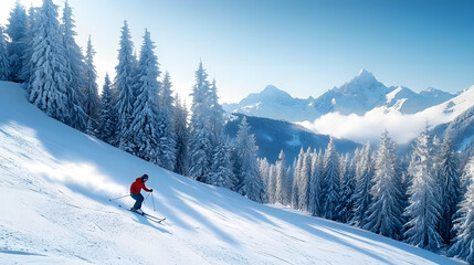 A skier gracefully navigates a snow-covered slope amidst tall evergreen trees, with stunning mountain peaks visible in the background against a clear blue sky