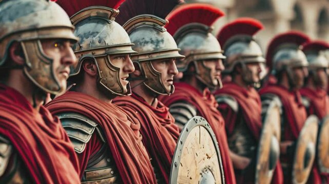A disciplined line of Roman soldiers in full armor, featuring traditional red cloaks and plumed helmets.
