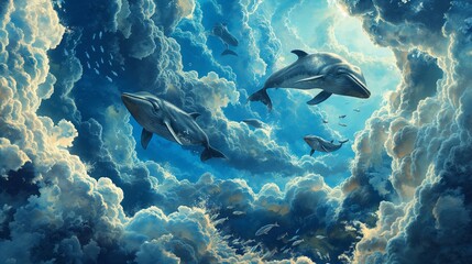 Fototapeta premium Surrealist dreamscape with whales and fish in majestic sky