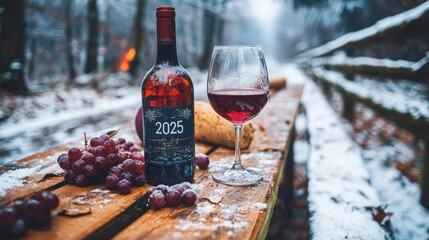 A serene winter scene featuring a bottle of 2025 red wine with a glass, grapes, and cork on a snow-covered wooden table in a scenic outdoor setting