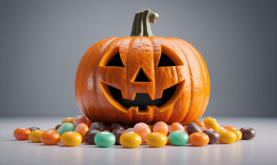 A carved pumpkin with a smiling face sits on a table surrounded by colorful candies