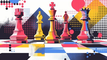 Vibrant chess tournament poster design with checkered background and colorful pieces