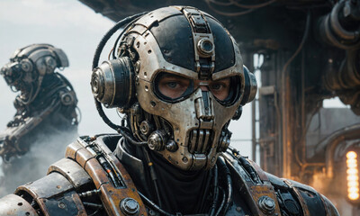 Fototapeta premium A robotic soldier in a futuristic setting stares intently into the distance