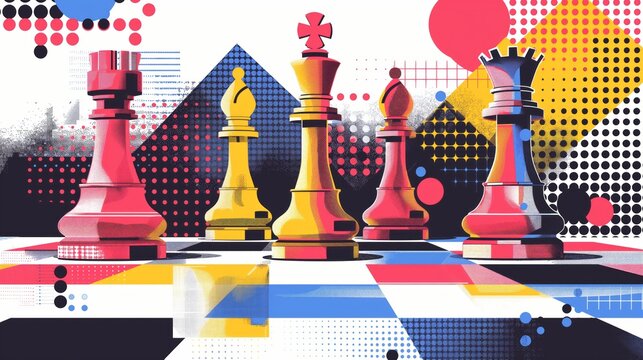 Vibrant chess tournament poster design with checkered background and colorful pieces