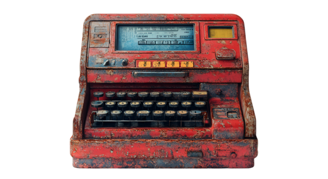 a red old typewriter with a screen. 