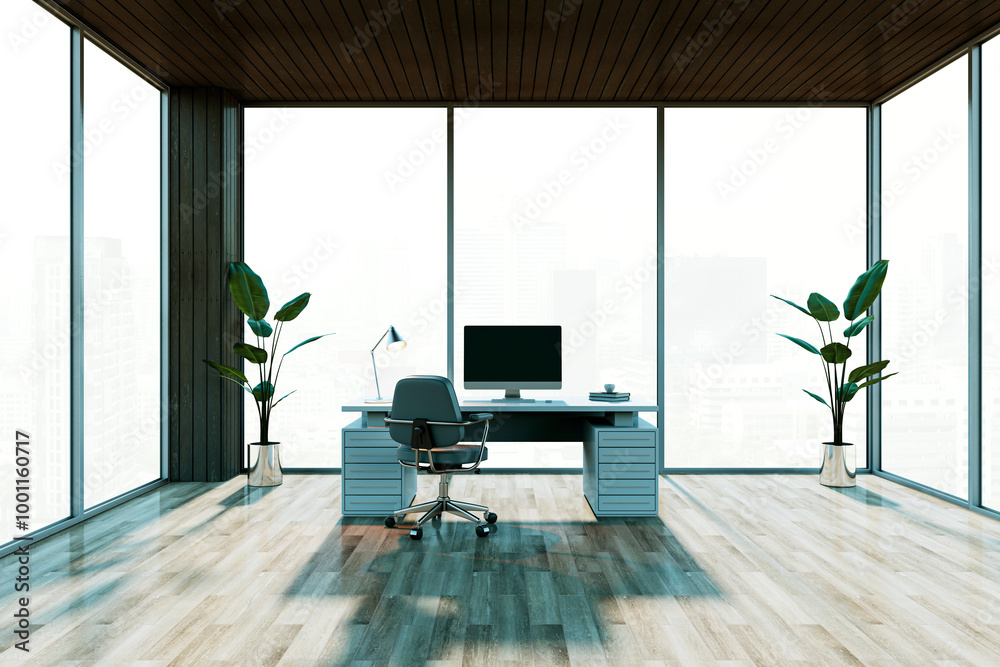 Poster Modern empty office with desk and large windows overlooking city skyline. 3D Rendering