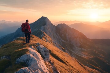 Fototapeta premium Mountain landscape with a tourist standing on the top at sunrise, conquering the summit