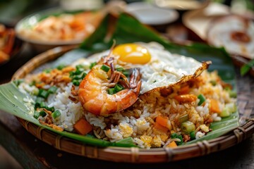 Nasi Goreng with Shrimp and Sunny-Side Egg on Banana Leaf – Authentic Indonesian Delight