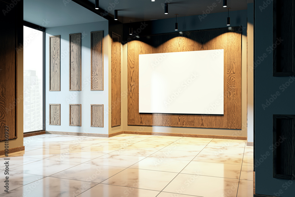 Poster modern gallery interior with empty poster frame on wooden wall. 3d rendering