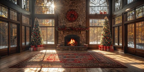 A beautifully decorated living room with a cozy fireplace, ornate Christmas trees, and large windows showcasing a serene winter woodland view