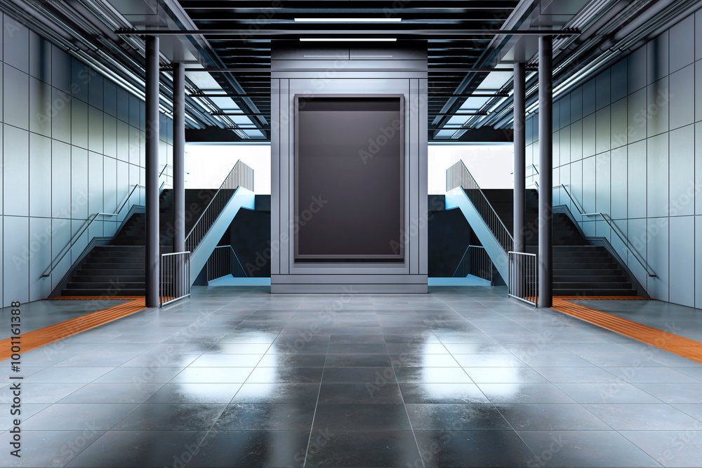 Poster Blank vertical billboard in a modern subway station with stairs and orange lines on the floor. 3D Rendering