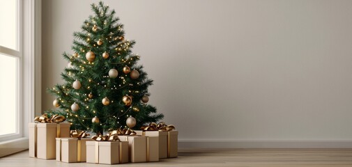 Christmas tree with golden ornaments and gift boxes in a cozy interior setting.