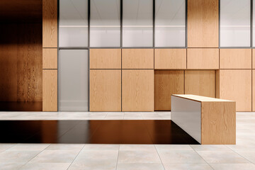 Modern Office Lobby Interior with Wooden Reception Desk. 3D Rendering