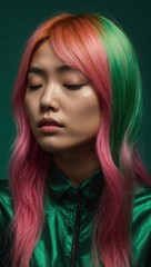 Naklejka premium Person with pink and green hair, wearing a green jacket, fair skin, neutral expression in close-up.