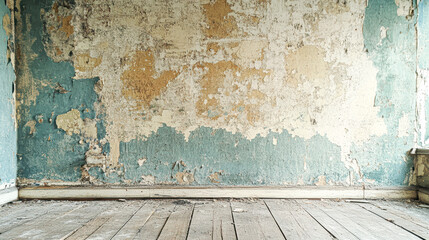 A wall with peeling paint and a wooden floor