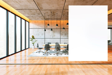Modern conference room with a large vertical white mockup canvas. 3D Rendering