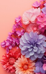 Colorful flowers arranged beautifully on a peach background.