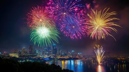 Bright Fireworks Lighting Up City Skyline at Night