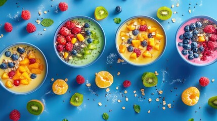 Colorful Smoothie Bowls with Fresh Fruits and Seeds