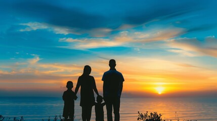 Fototapeta premium Happy family silhouette against stunning sunset sky, beautiful nature landscape evoking family vacation concept.