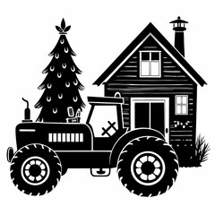 Christmas Cottage Farm tractor Black silhouette