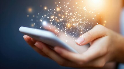 Hands Using Smartphone with Digital Connections Overlay