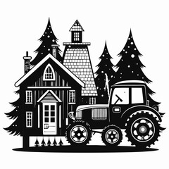 Fototapeta premium Christmas Cottage Farm tractor Black silhouette