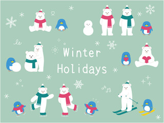 冬の白熊とペンギンのベクターイラスト。シロクマ、マフラー、帽子、スキー、スケート、動物