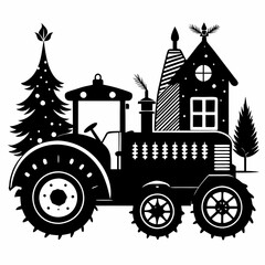 Christmas Cottage Farm tractor Black silhouette