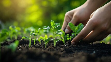 Close-up of Hands Planting Seedlings in a Garden