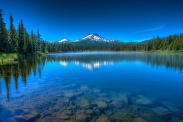 Fototapeta premium A tranquil mountain lake mirrors the surrounding pine trees and peaks on a sunny day, showcasing nature's beauty and harmony