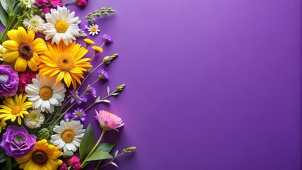 Colorful flowers arranged on a vibrant purple backdrop with copy space