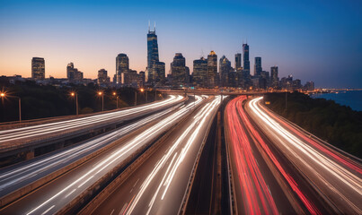 Obraz premium A highway with blurred lights from passing cars winds through Chicago at dusk, with the city skyline illuminated in the distance