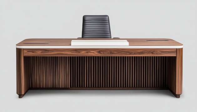 Modern executive desk with leather chair, isolated on white background.