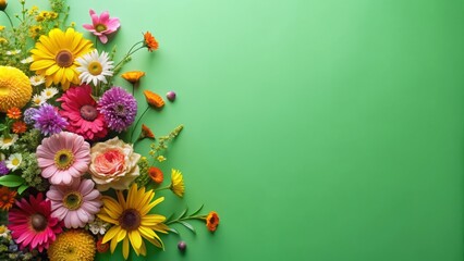 Colorful pink and yellow flowers on a green surface with copy space