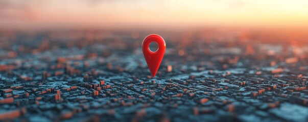 Red location marker on a blurred urban background at sunset.