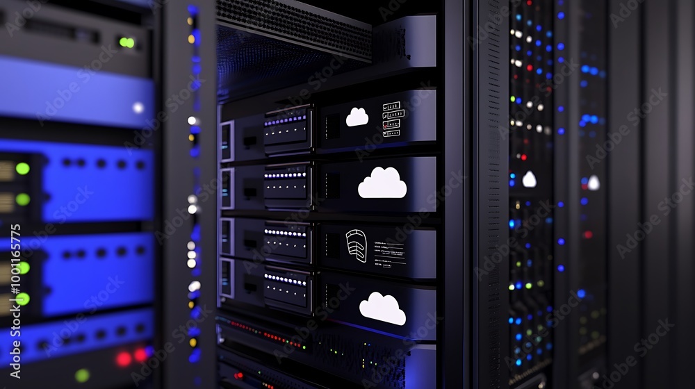 Aufkleber Close-up of server racks with cloud computing icons.