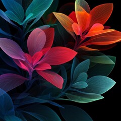 Vibrant, colorful floral design with abstract leaves on a dark background.