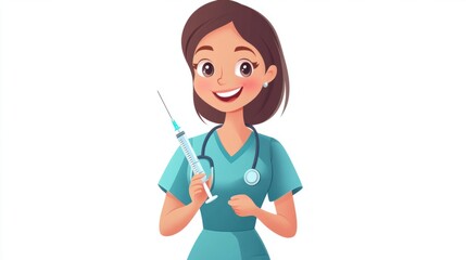 Cartoon nurse holding a syringe and smiling confidently, isolated on a clean white background.