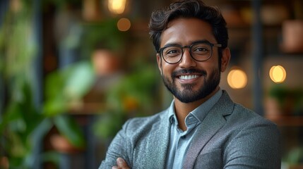 Fototapeta premium A man with glasses is smiling and posing for a picture