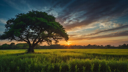 Fototapeta premium A lone tree stands tall in a field of golden grass as the sun sets in the distance, casting a warm glow across the landscape.