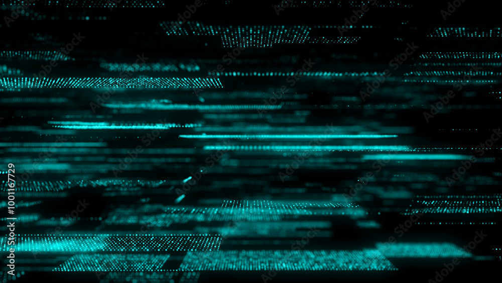 Poster Abstract digital blue background with matrix. Science backdrop of many particles. Big data visualization. 3d rendering.