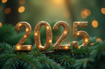 3D numbers 2025 in gold on a spruce branch.