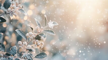 Artistic portrayal of mistletoe and snowflakes with delicate, ethereal blur, capturing the calm beauty of winter in abstract shapes and soft colors. Mistletoe Snowflakes