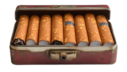 a cigarette in a metal case. 