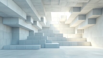 Fototapeta premium Futuristic Semigloss Fish Scale Mosaic Wall, intricately arranged concrete tiles in a 3D design, showcasing stacked blocks for a modern architectural backdrop.