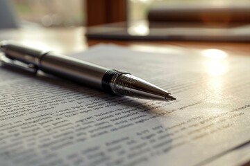 Fototapeta premium Silver pen is lying on a sheet of paper covered with printed text, illuminated by warm sunlight