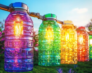 Colorful hanging lanterns made from plastic bottles glowing brightly in the evening garden, creating a vibrant and eco-friendly decoration.
