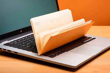 An open yellow file folder rests on a laptop computer.