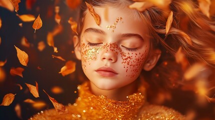 Young girl with glitter on her face surrounded by falling leaves in autumn.